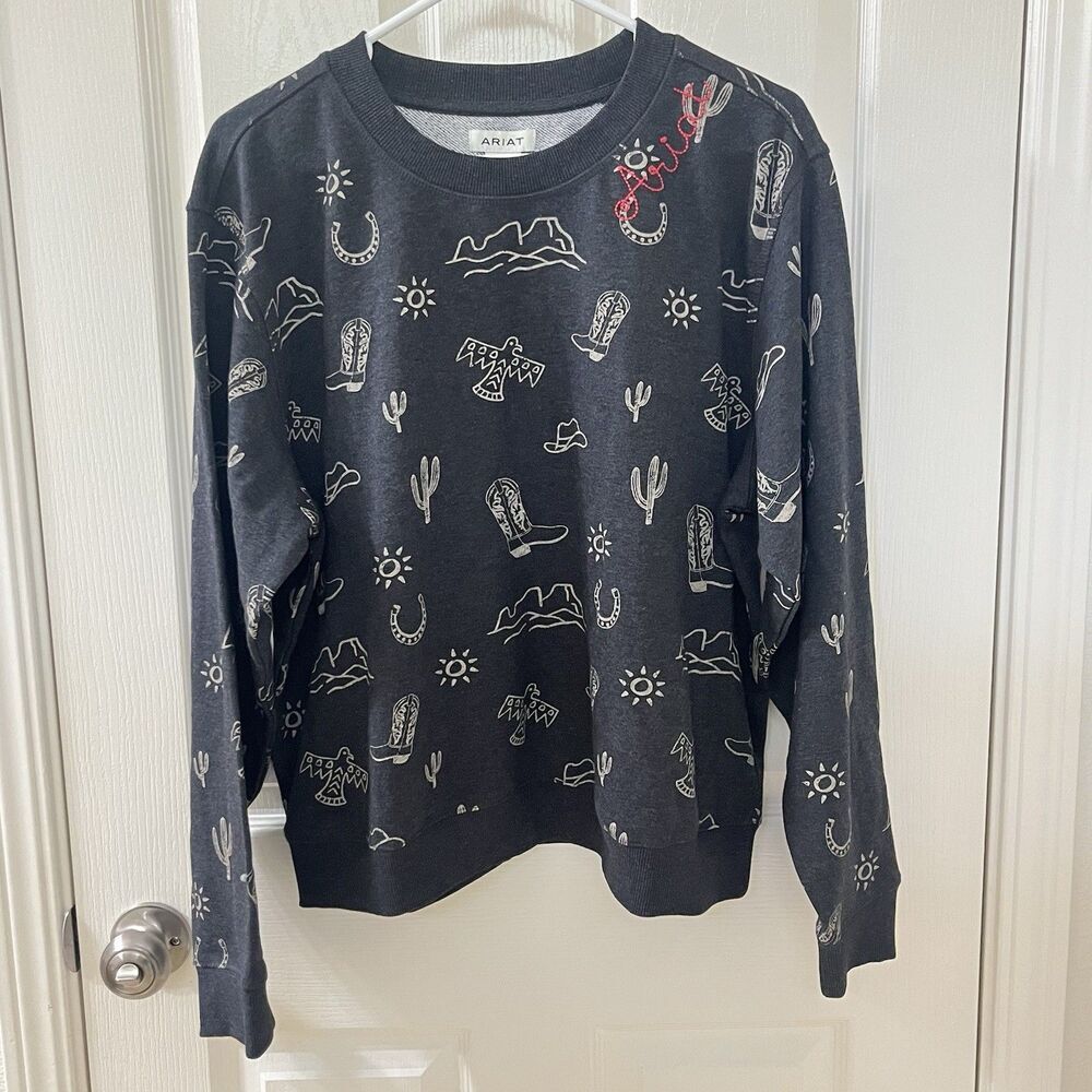 Ariat Women's Essential Heather Black Western Print Crew Sweatshirt Size XL